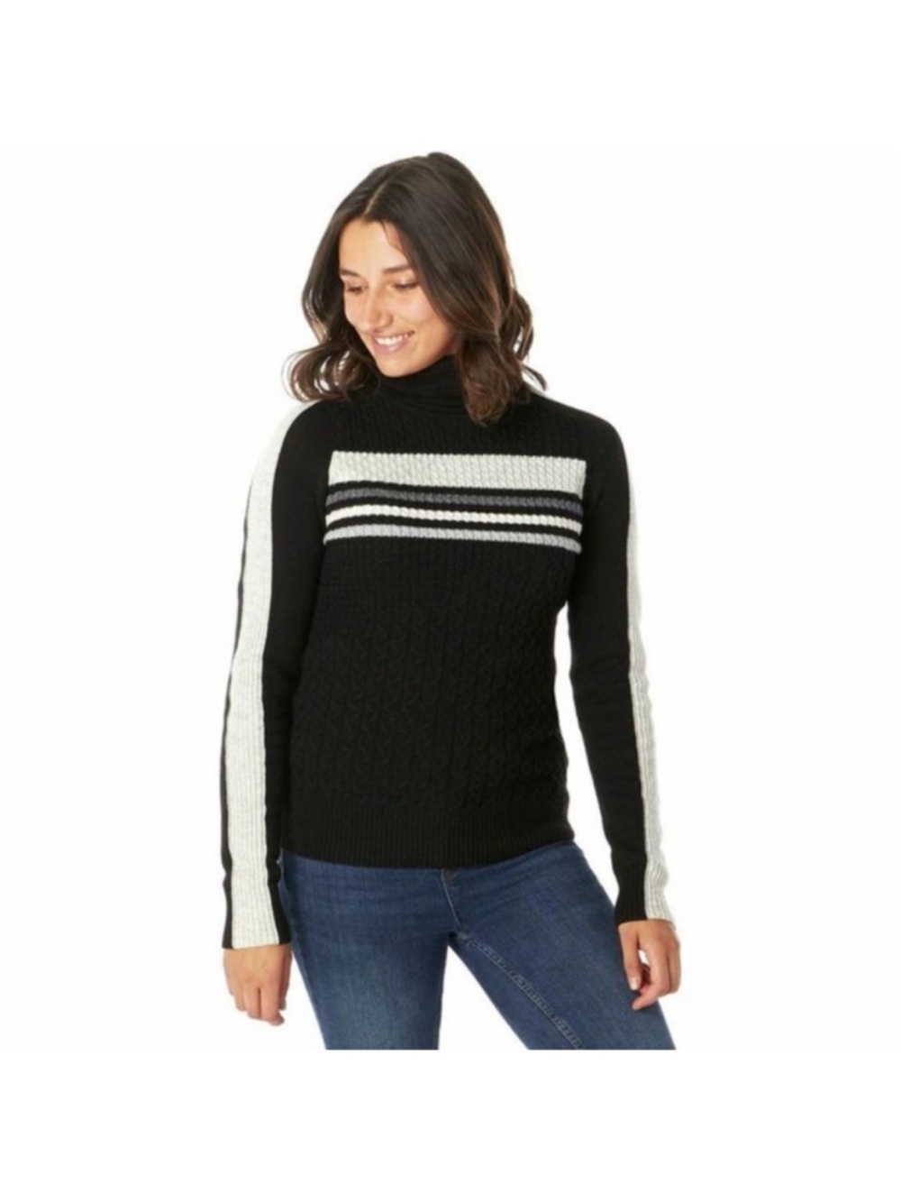 Smartwool Dacono Cable Knit Turtleneck Sweater Merino Wool Striped Black Medium